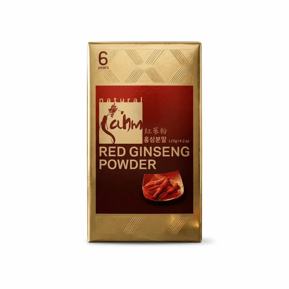 Sahm Canadian Red Ginseng Powder in a gold box, 4.2 oz, supplement container showing red ginseng powder for natural health.
