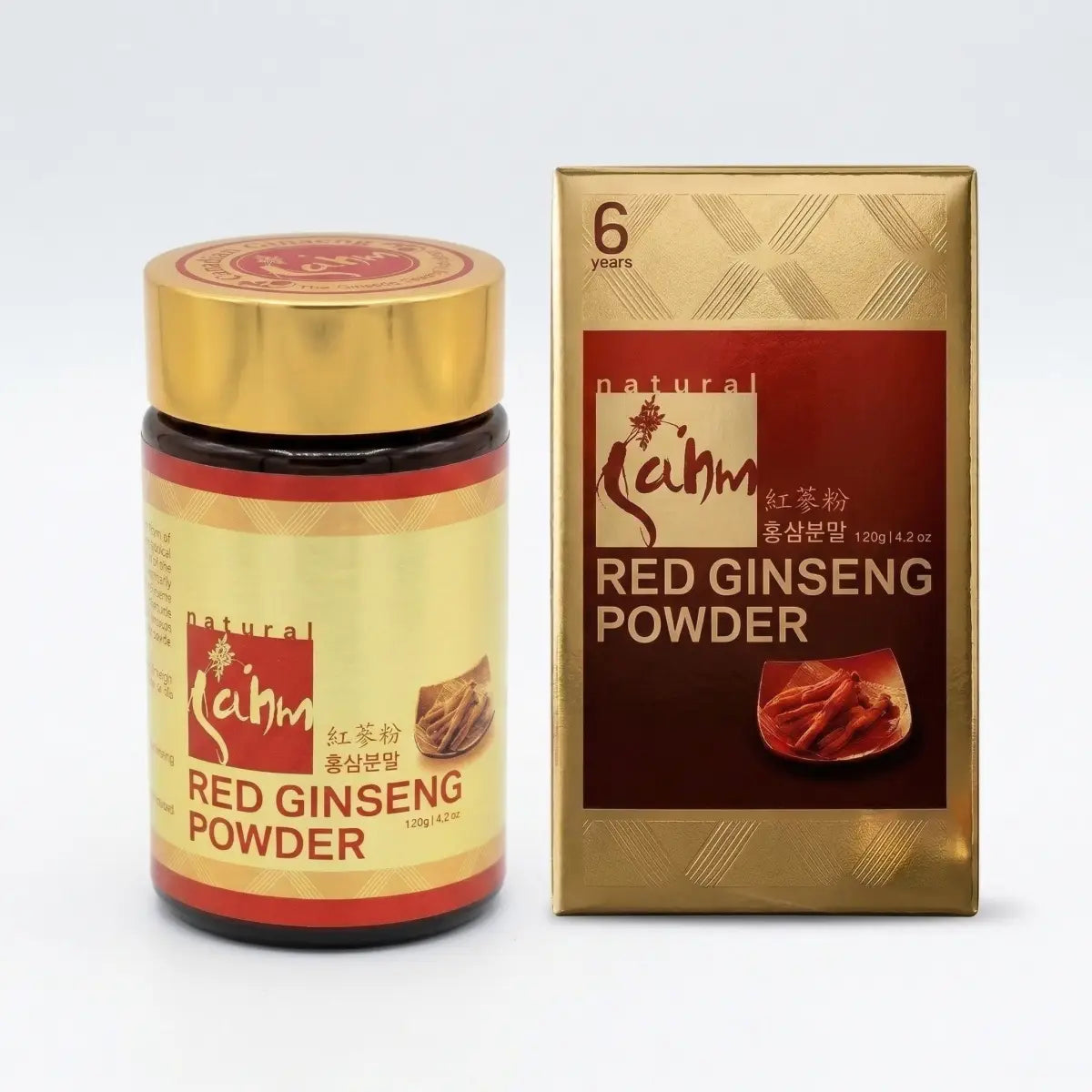 Sahm Canadian Red Ginseng Powder in a 4.2 oz jar, supplement container with label showing red ginseng roots and product details.