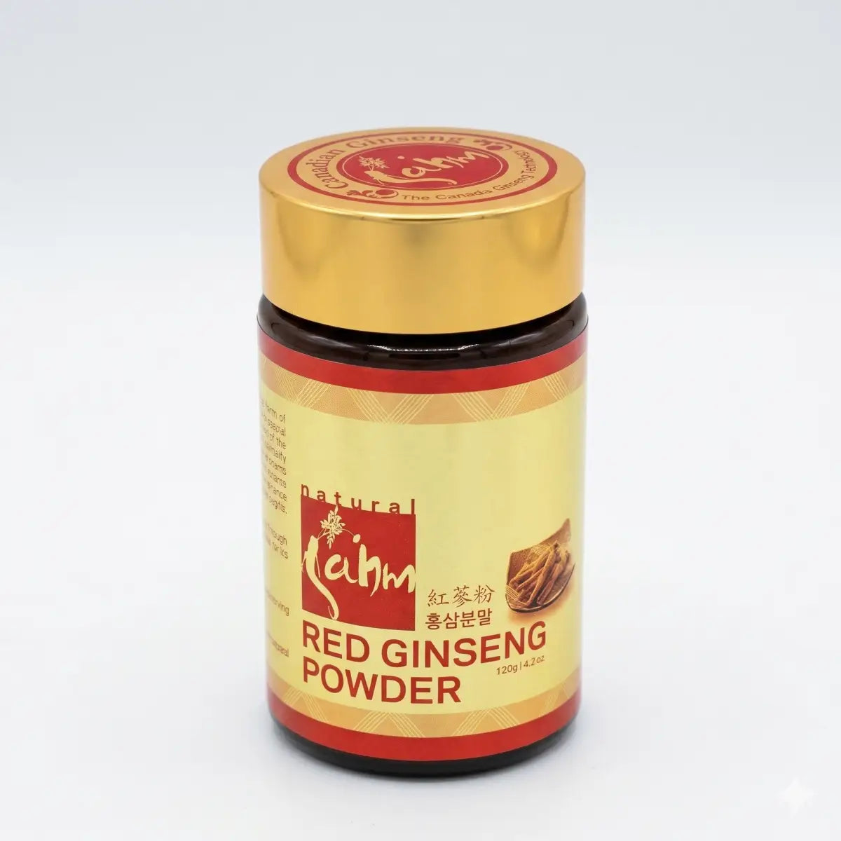 Sahm Canadian Red Ginseng Powder in a 4.2 oz jar, natural supplement for energy and vitality, with red ginseng root visible.