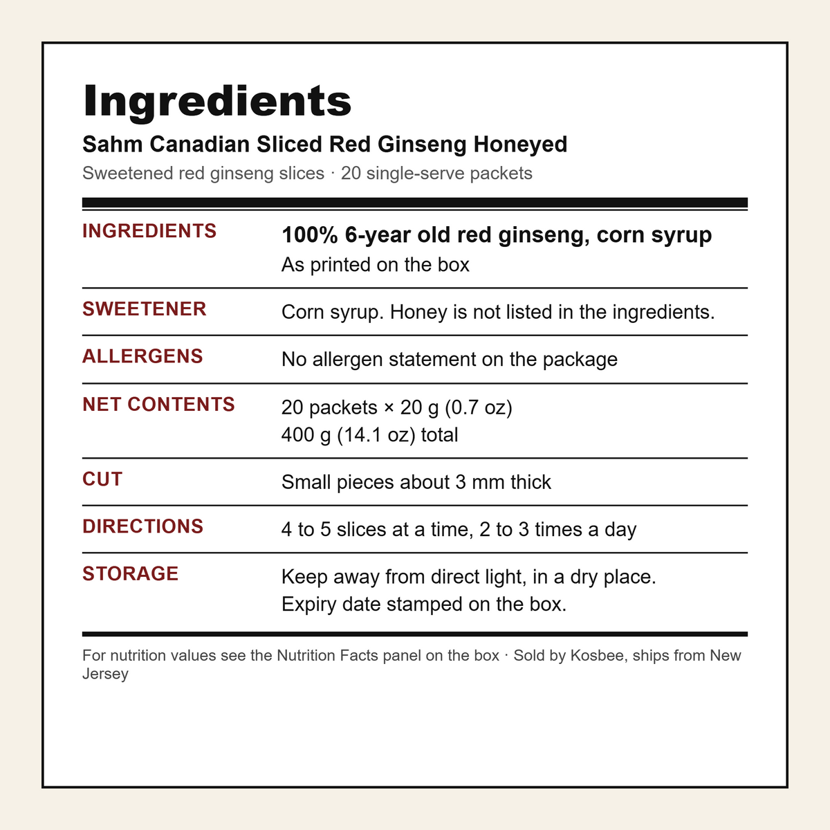 Sahm Canadian Sliced Red Ginseng Honeyed — ingredients and allergen panel, 0.7 oz x 20