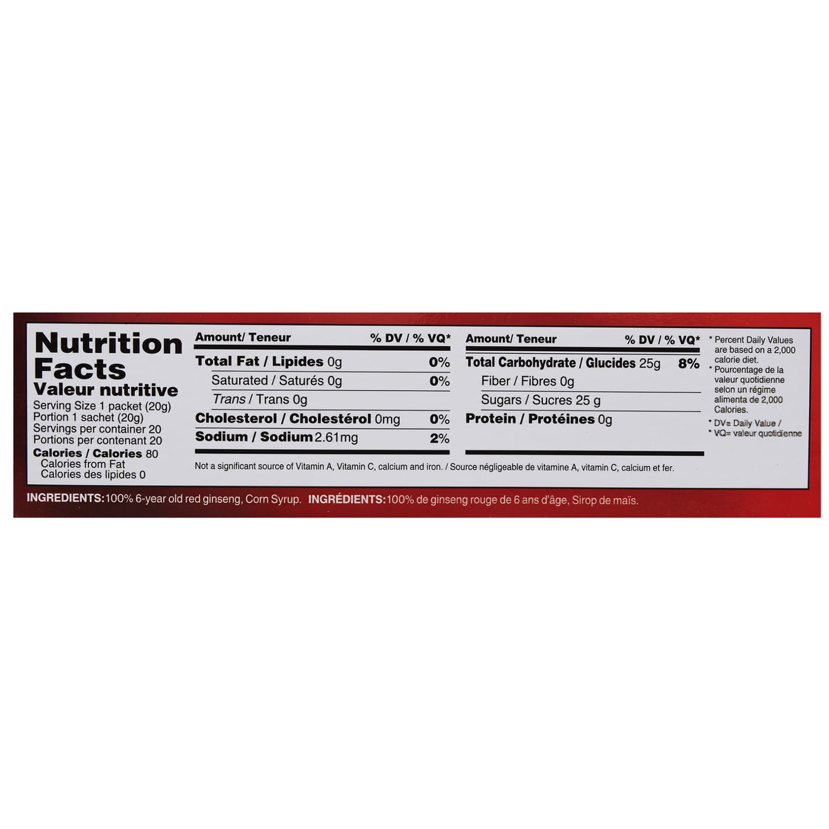 Sahm Canadian Sliced Red Ginseng Honeyed — back label with ingredients and nutrition facts (English/French)