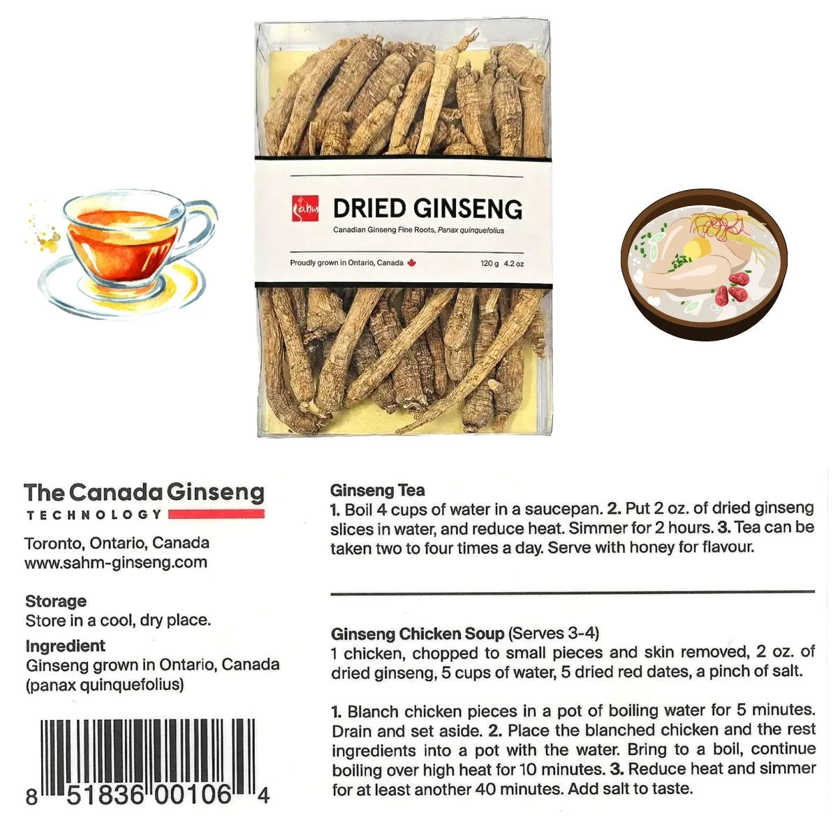Sahm Premium Canadian Dried Ginseng Root in 4.2 oz package, natural herbal supplement for energy and wellness.