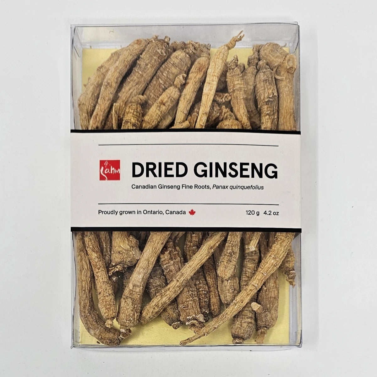 Sahm Premium Canadian Dried Ginseng Root, 4.2 oz, natural herbal supplement with sliced dried ginseng root for health benefits.