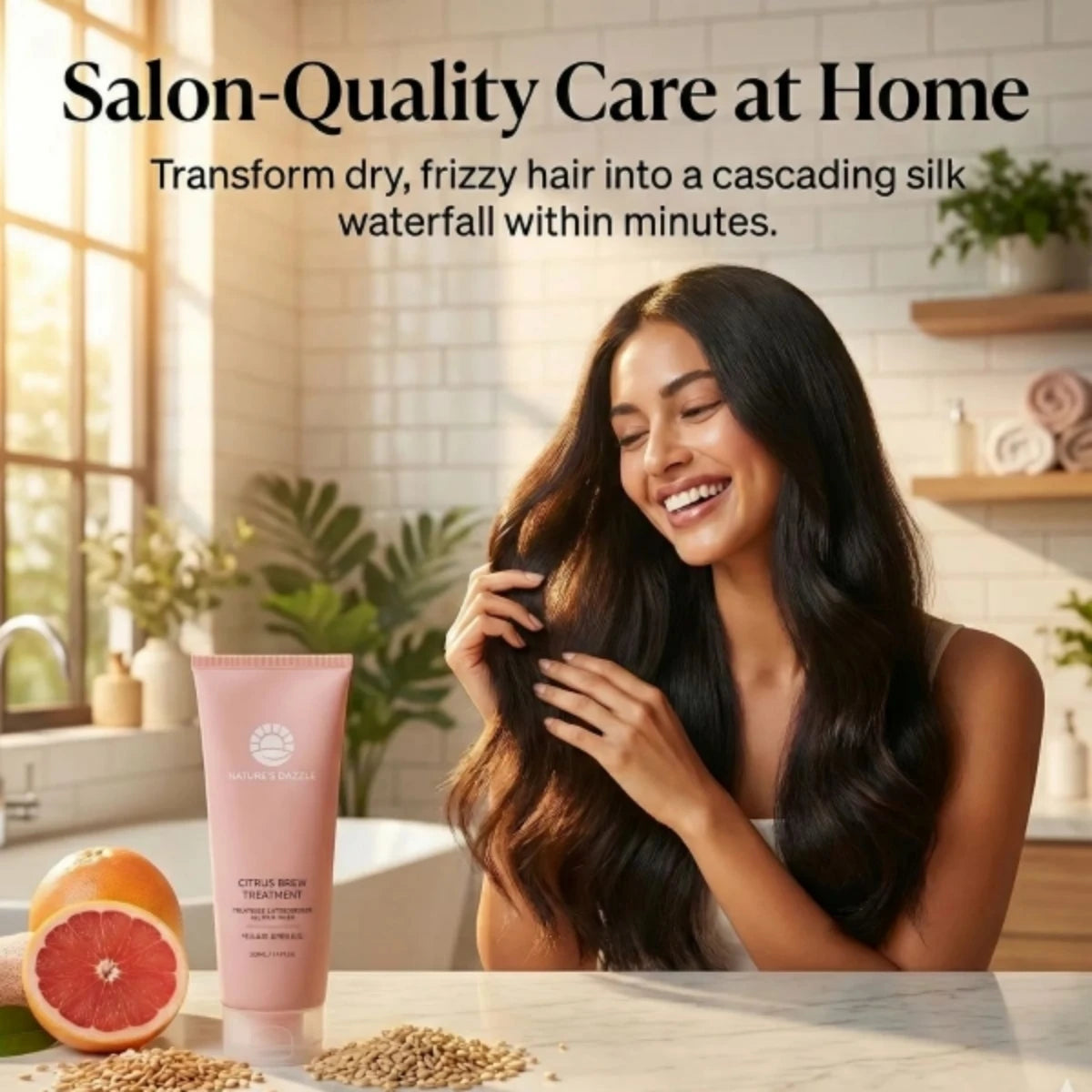 Salon-quality smooth hair results with Nature’s Dazzle Citrus Brew Hair Treatment in a 7.4 oz bottle, shown in a natural hair care setting.