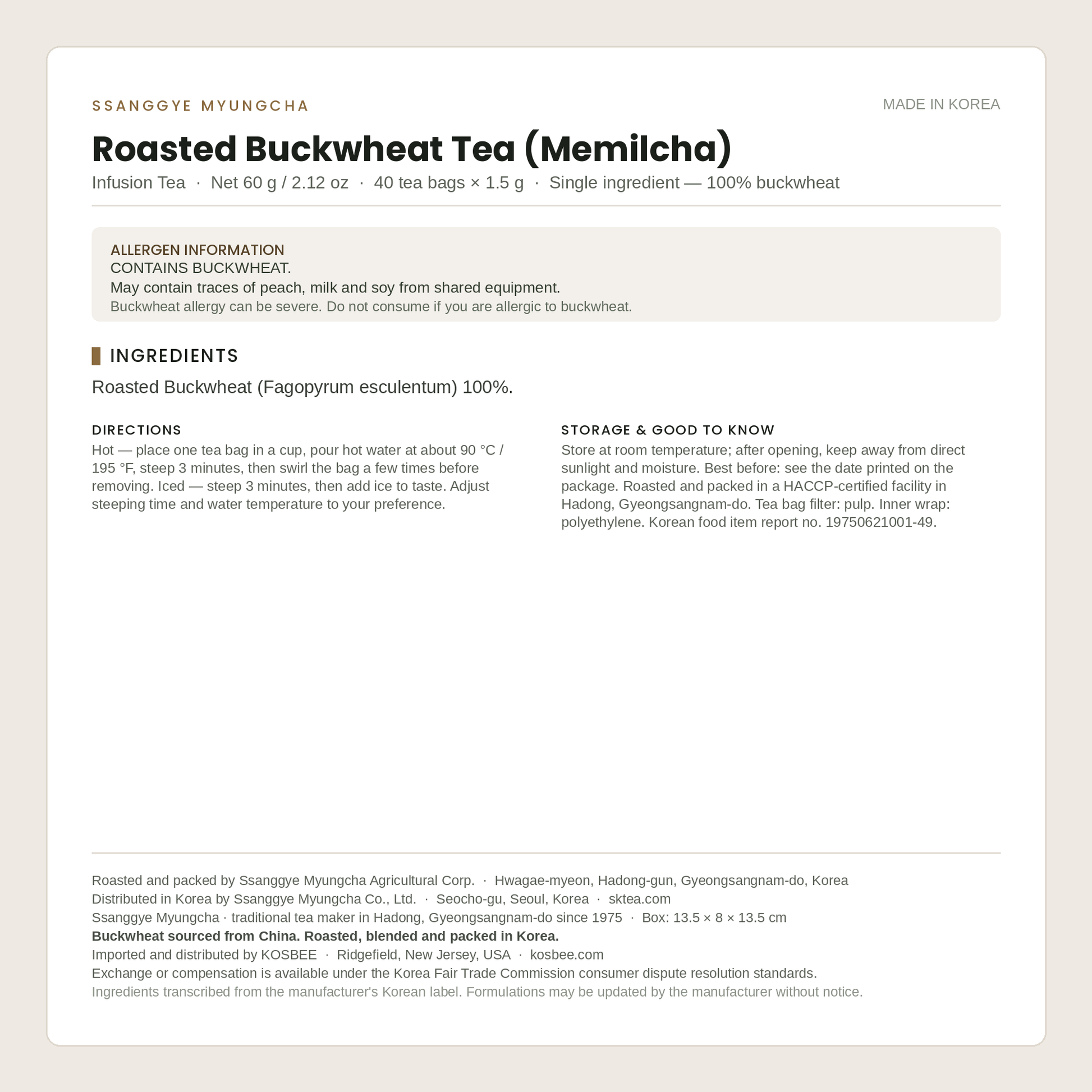 Ssanggye Myungcha Roasted Buckwheat Tea (Memilcha) ingredients panel — 60 g / 40 tea bags, single-ingredient buckwheat infusion tea, Made in Korea