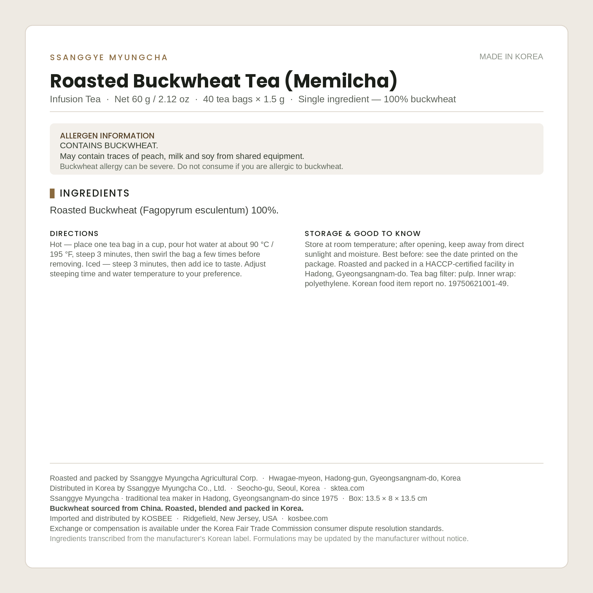 Ssanggye Myungcha Roasted Buckwheat Tea (Memilcha) ingredients panel — 60 g / 40 tea bags, single-ingredient buckwheat infusion tea, Made in Korea