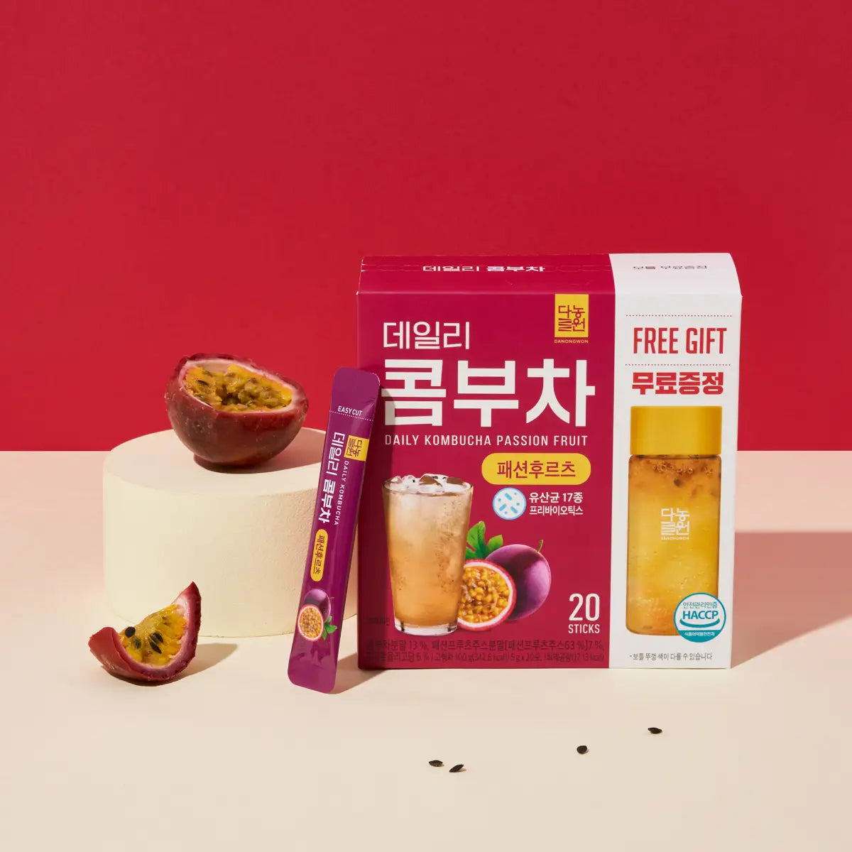 Danongwon Daily Kombucha Passion Fruit tea sticks, sugar-free, on-the-go set with 20 sticks for convenient healthy beverage.