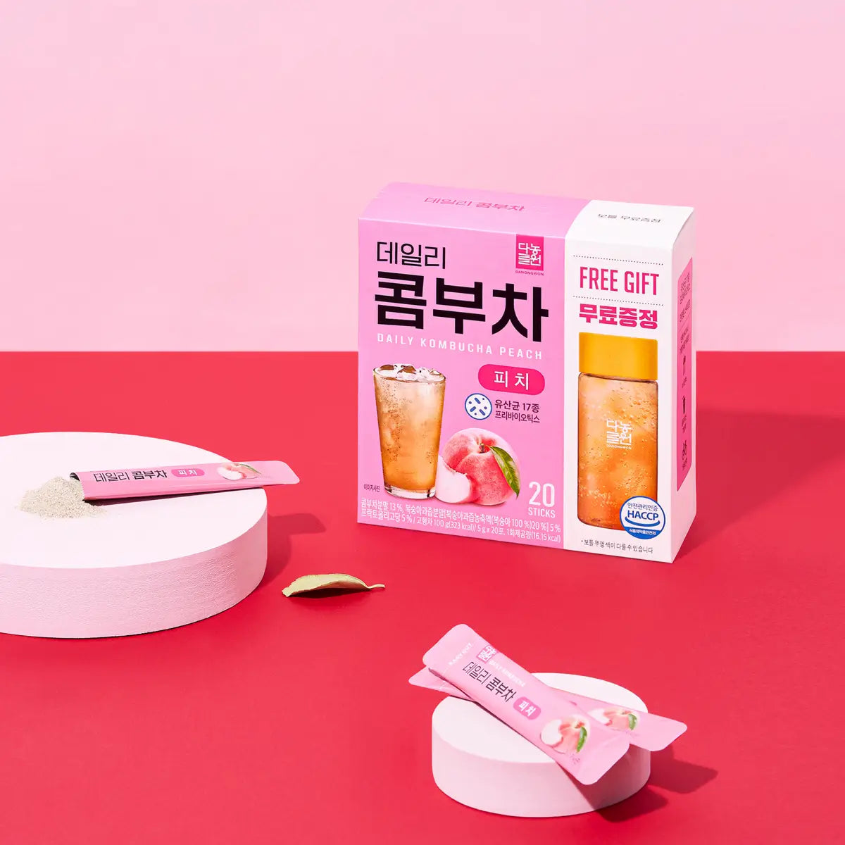 Danongwon Daily Kombucha Peach Tea set with 20 sticks, featuring natural peach flavor, sugar-free, and wellness-focused tea sticks.