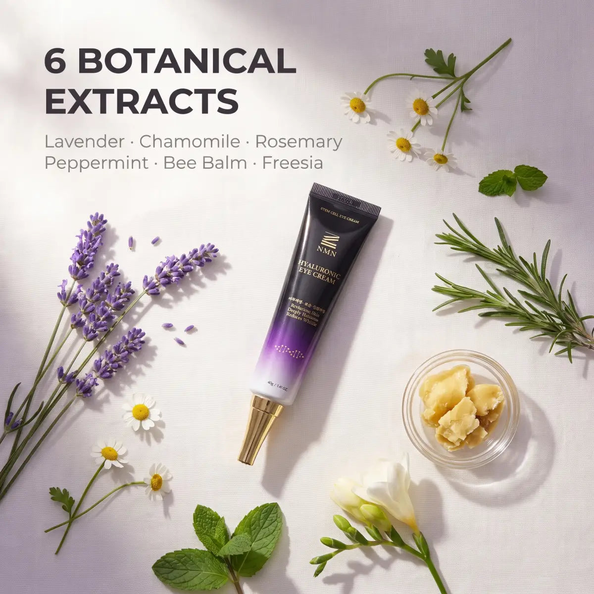 Supia Korean NMN + Hyaluronic Eye Cream tube surrounded by 6 botanical extracts including lavender, chamomile, rosemary, peppermint, bee balm, and freesia