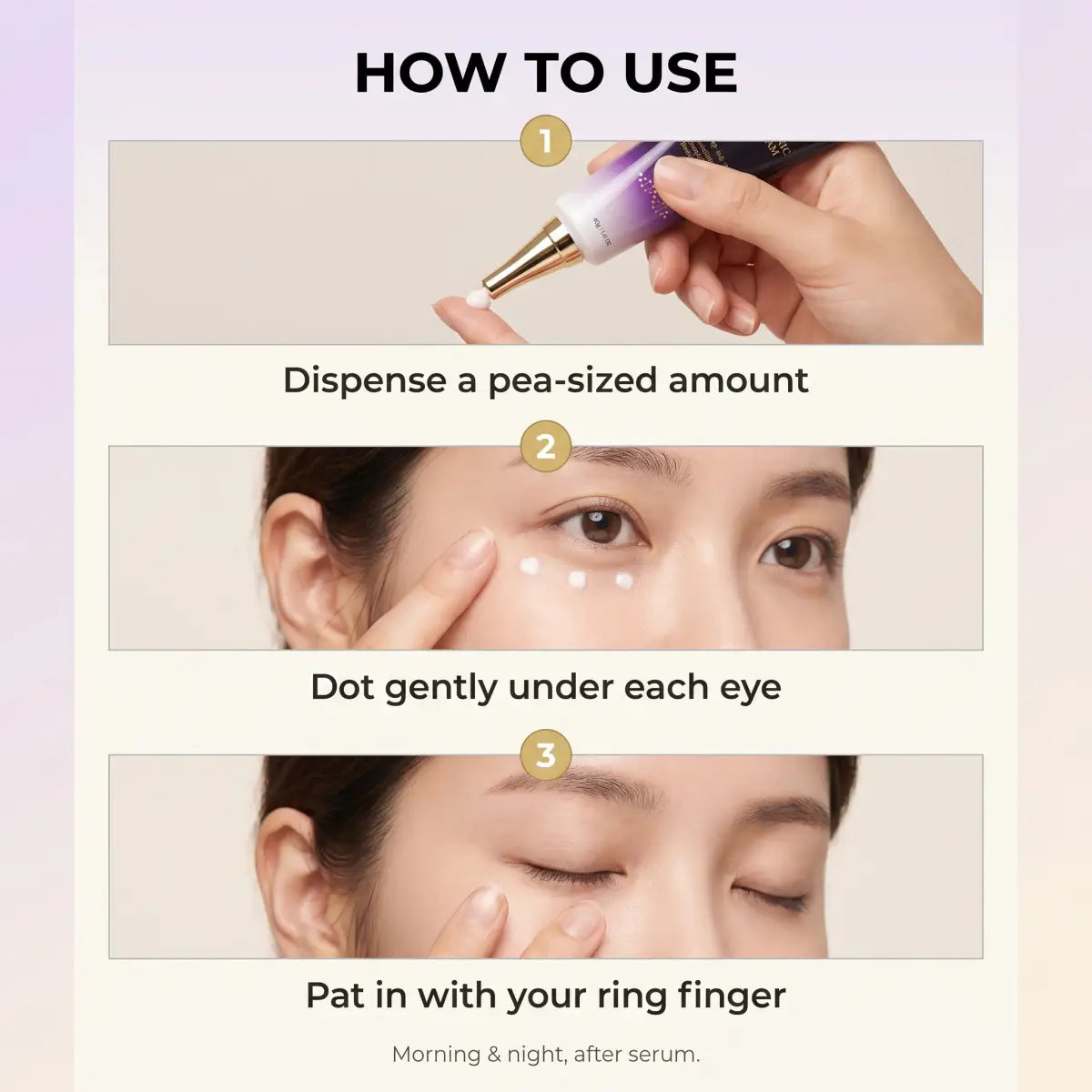 How to use guide for Supia Korean NMN + Hyaluronic Eye Cream showing 3 steps: dispense pea-sized amount, dot gently under each eye, and pat in with ring finger