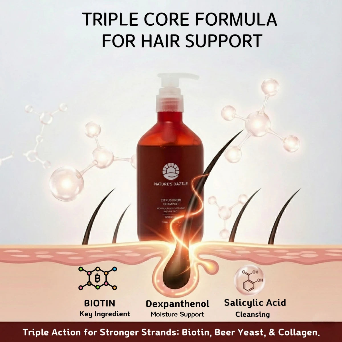 Nature’s Dazzle Citrus Brew Shampoo with triple-care formula for hair loss support, showing the 16.9 oz bottle.