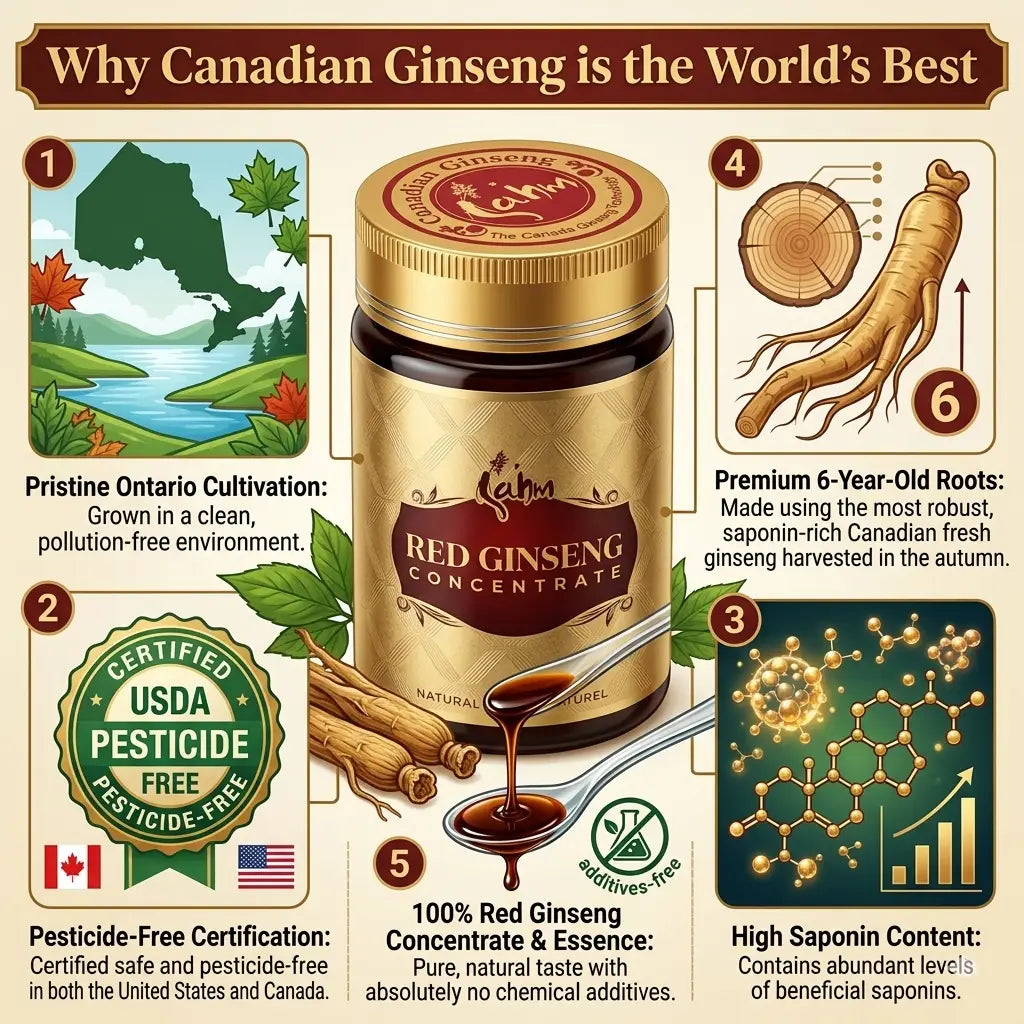 Infographic showing benefits of Sahm Canadian Premium Red Ginseng Concentrate, a dietary supplement in an 8.5 oz bottle.
