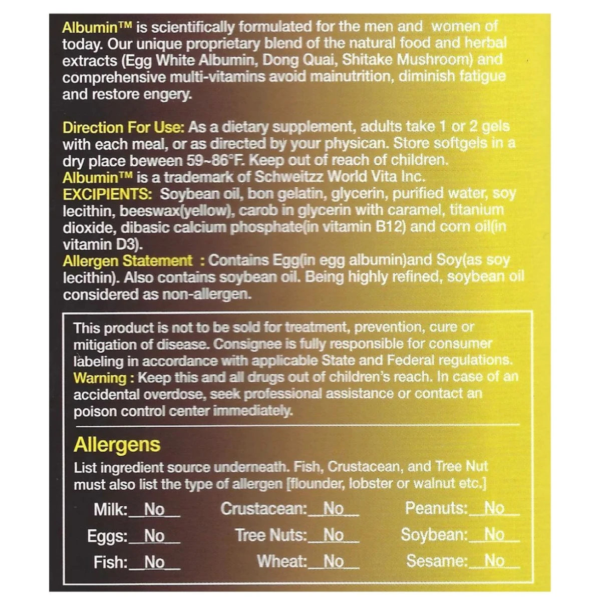Back label of World Vita albumin detailing suggested use, warnings, and storage instructions.