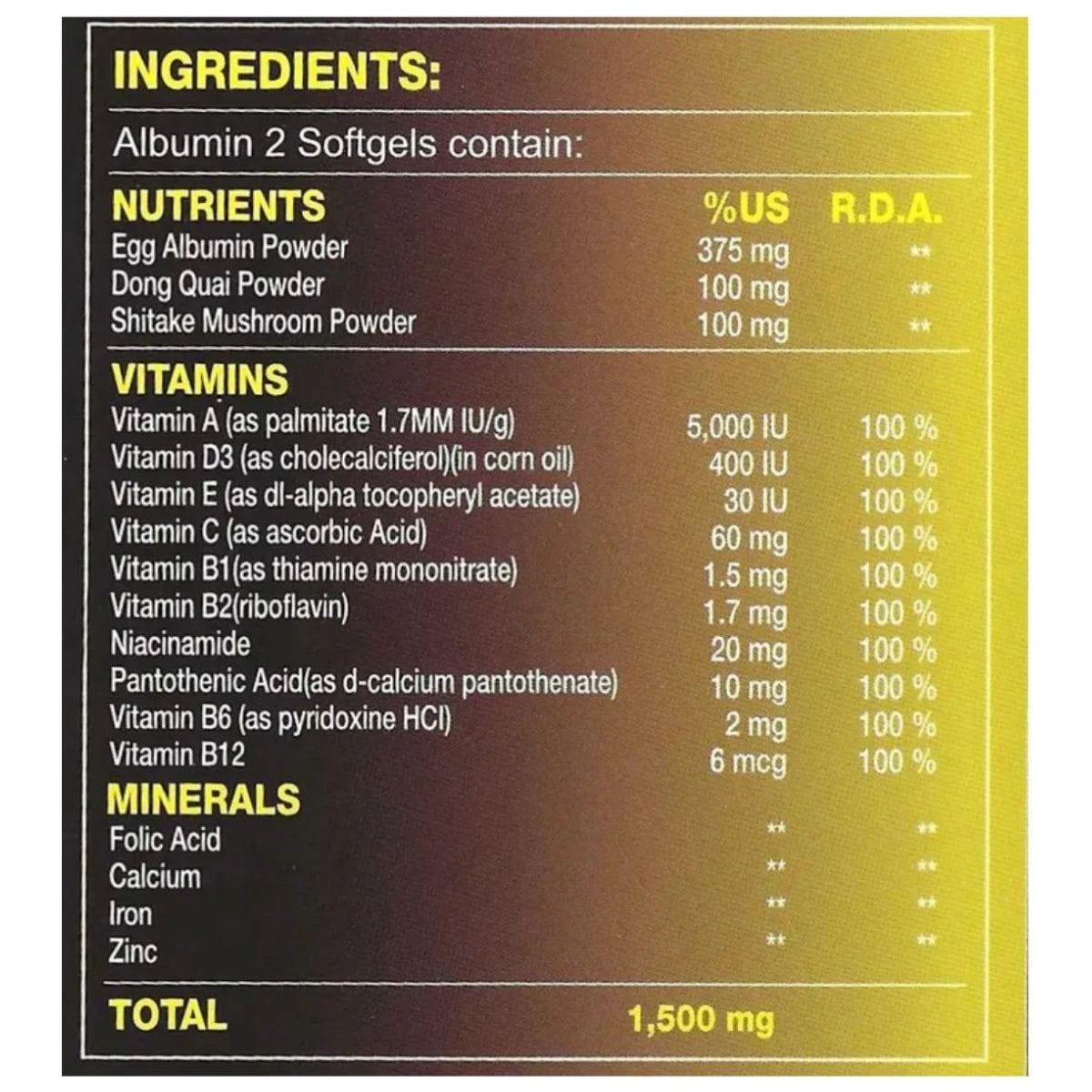 Supplement facts label for World Vita albumin showing amino acids and multivitamin ingredients.